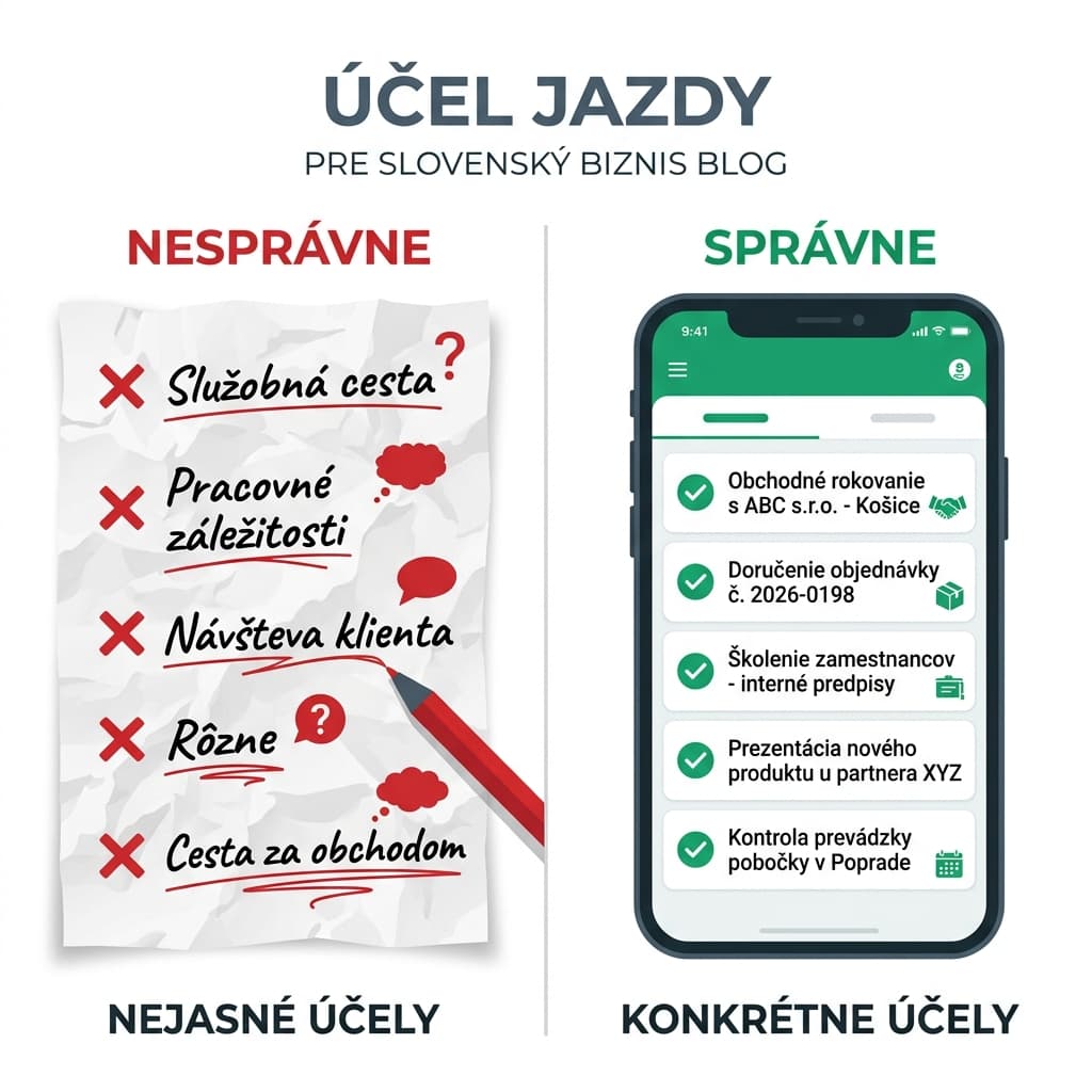 Správna formulácia účelu jazdy v elektronickej knihe jázd — porovnanie správnych a nesprávnych príkladov